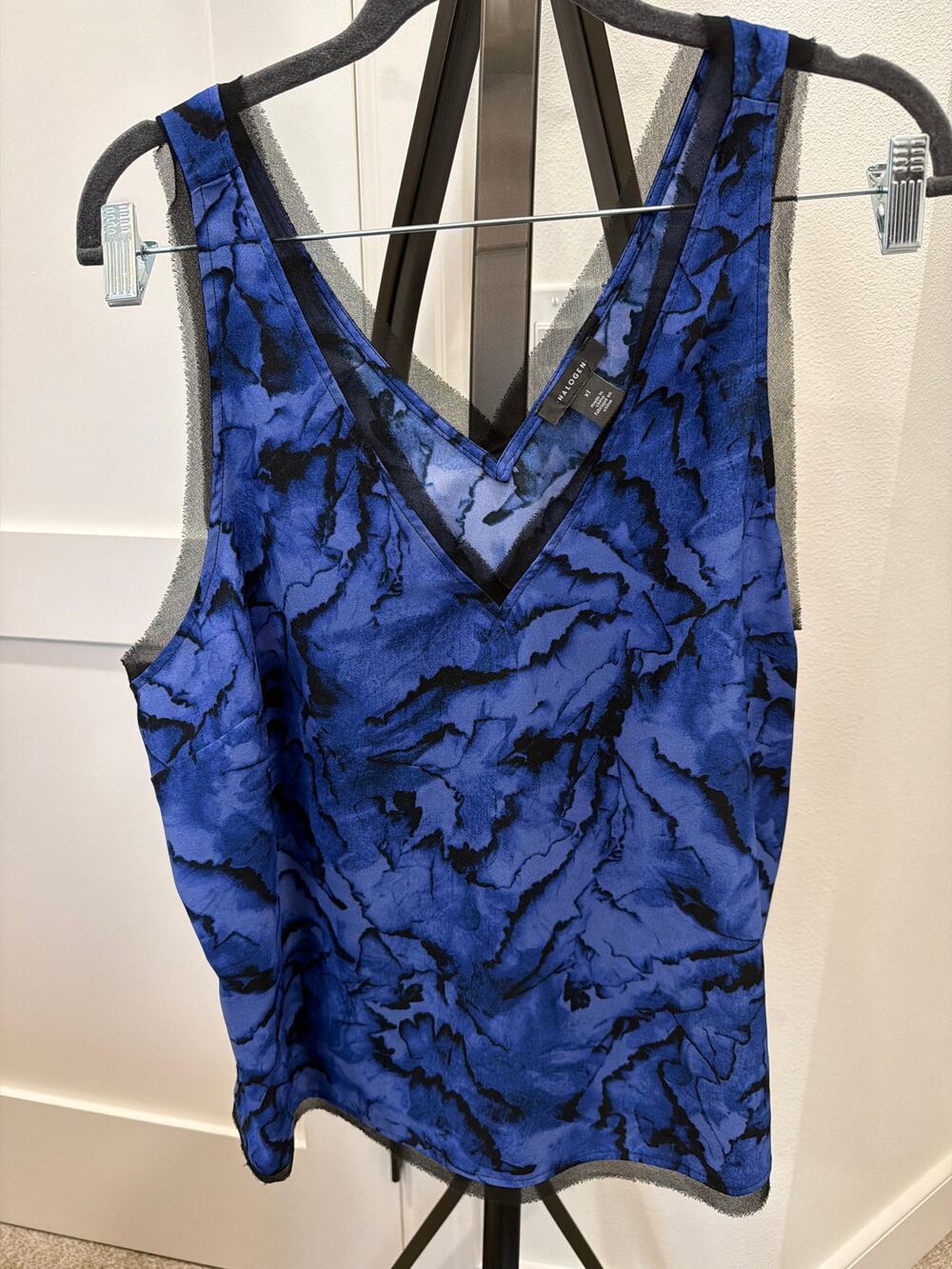 Halogen Raw Edge Print Double V Tank Electric Blue Black Marbled Print Size XL